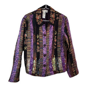Coldwater Creek Jacket P Medium Quilted Black Purple Floral Patchwork Sequins